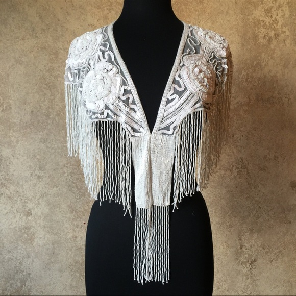 White Rose Sequin Glass Beaded/ Sequin FULL Wrap Chiffon Collar Shoulder Shawl - Picture 3 of 9